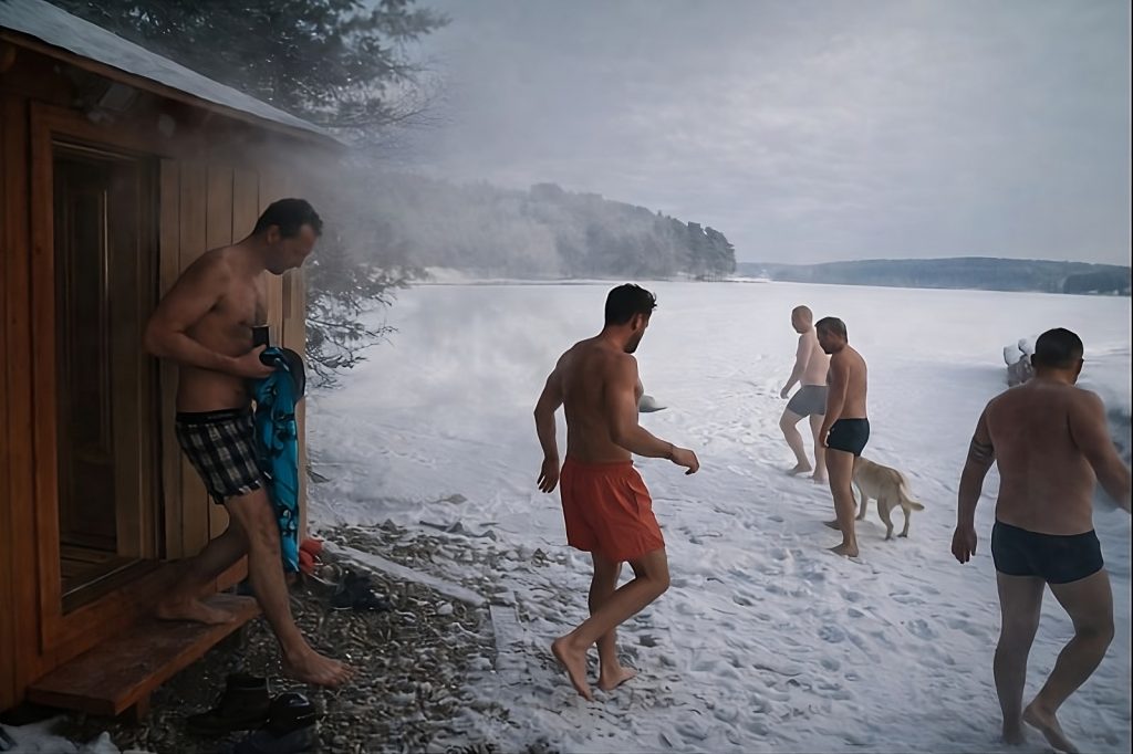 Sauna nad jeziorem zimą – Sylwester w Ośrodku Wypoczynkowym Jezioro w Studzienicach na Kaszubach