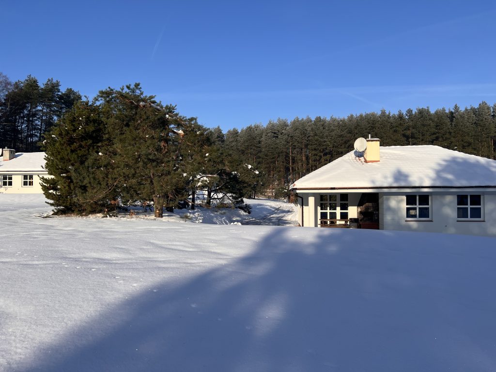 Zimowy widok na ośrodek i domki w lesie – Ośrodek Wypoczynkowy JEZIORO, Studzienice.